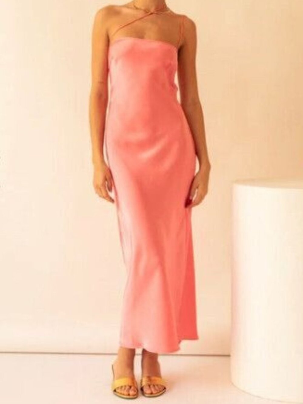 VRG grl Strapless Midi Slip Dress in Coral Pink